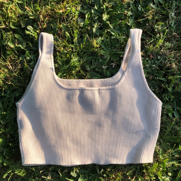 House of Harlow 1960 Luxe Essentials Compression Knit Square Neck Crop Top Beige - Picture 4 of 4